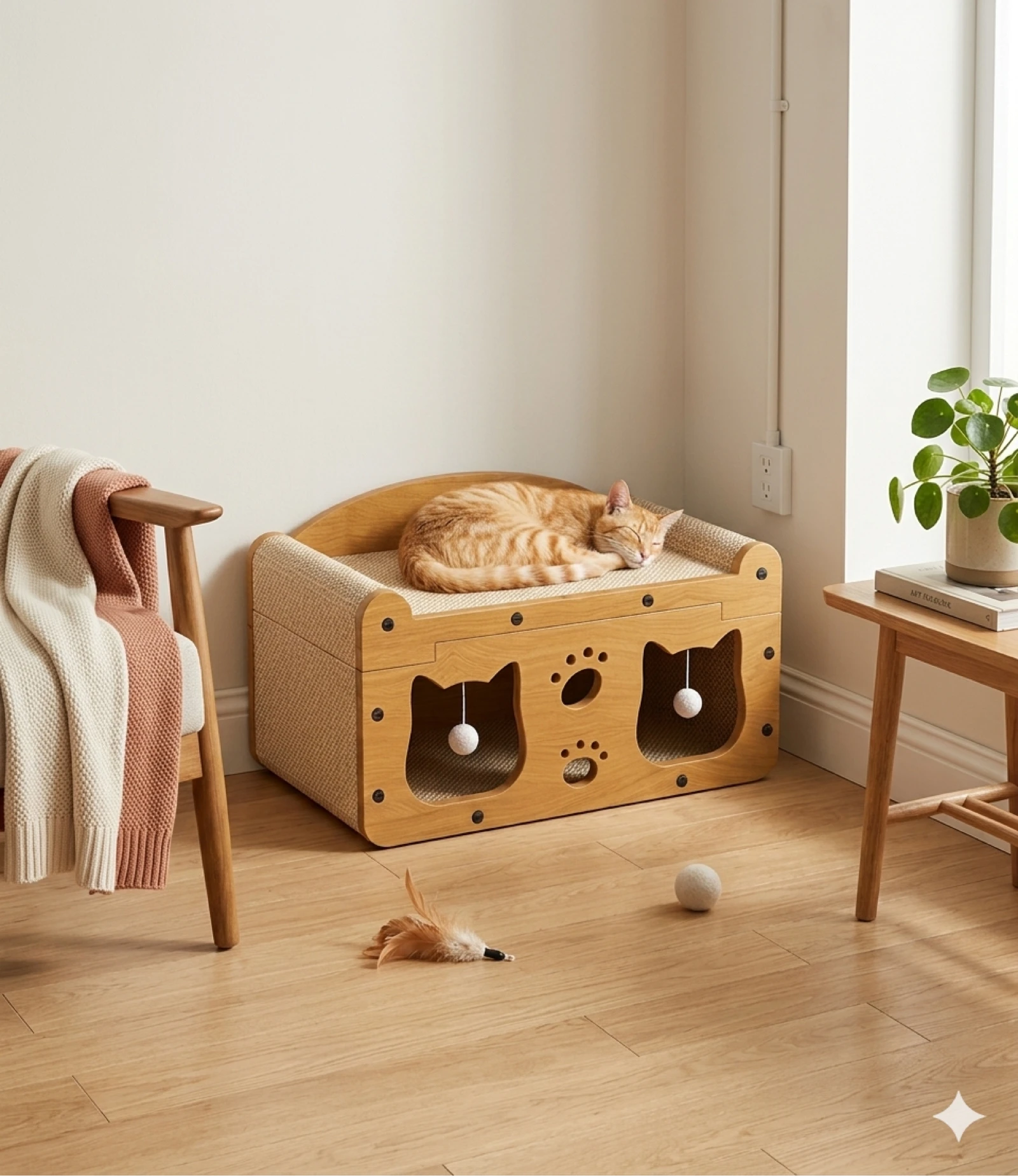 Lit cabane griffoir pour chat en bois – Design & Jeu 🐾
